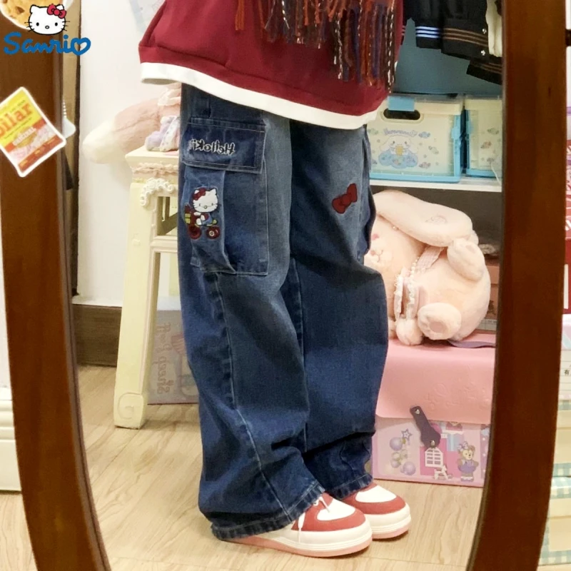 

Sanrio Hello Kitty Y2k Denim Clothes Women Jeans Fashion Wide Leg Pants Streetwear Vintage Trousers Female Straight Jeans