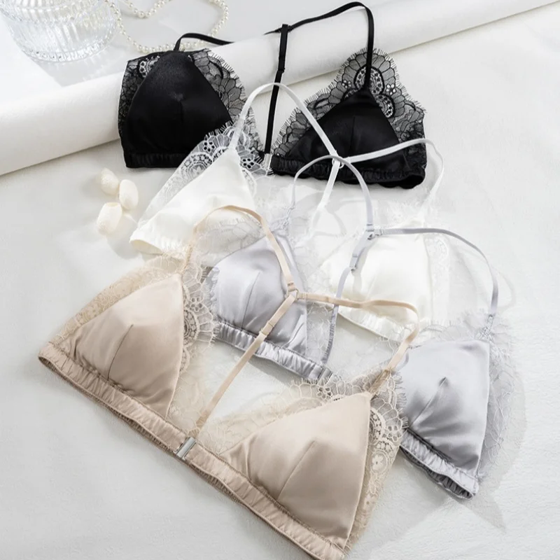 Birdtree 93% Silk 7% Spandex Women Lace Bra,Wireless Pitted Triangle Cup Front Closure Bralette,2026 New Underwear A61403JF