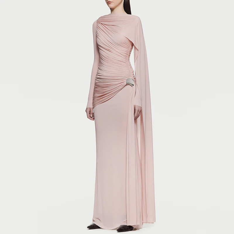 فستان نسائي أنيق مكشكش غير متماثل ضيق بأكمام طويلة...