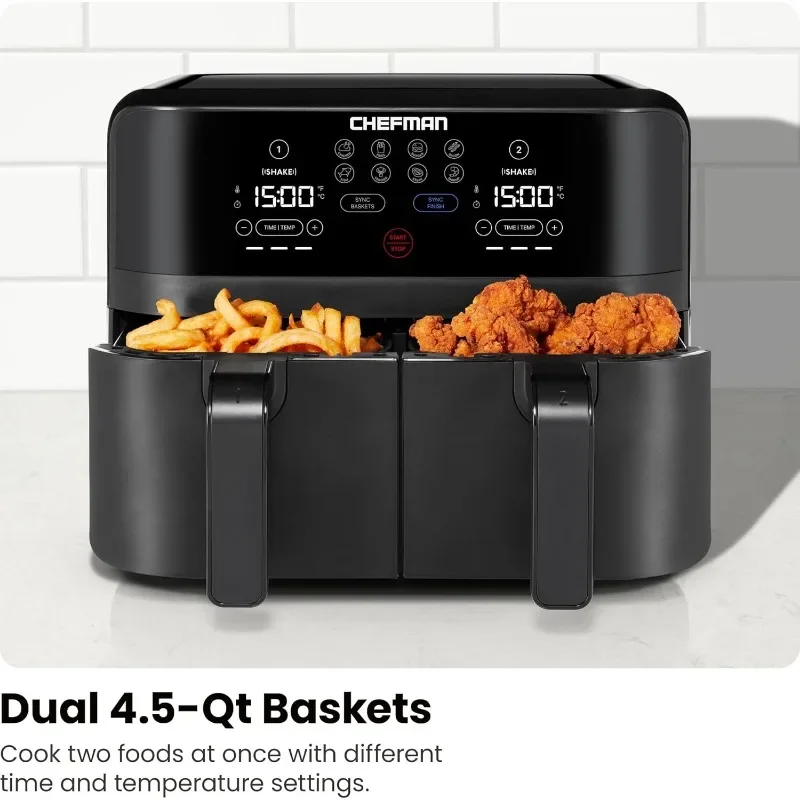 Chefman 6 Quart Dual Basket Air Fryer - Digital Touchscreen, Smart Sync Finish, Hi-Fry, Auto Shutoff, 2 Independent 3QT Nonstick 4