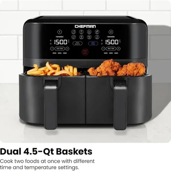 Chefman 6 Quart Dual Basket Air Fryer - Digital Touchscreen, Smart Sync Finish, Hi-Fry, Auto Shutoff, 2 Independent 3QT Nonstick 4