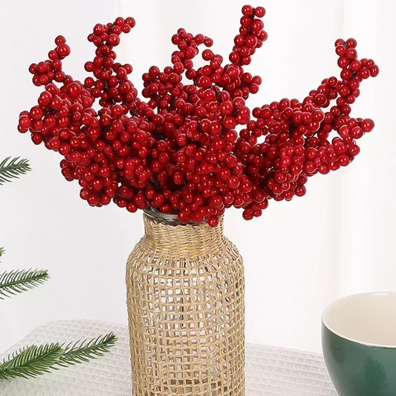 Christmas Artificial Red Berries Branch Fake Plants Flowers Holly Berry Stamen Wreath Ornaments for Xmas Tree Party Home Decor