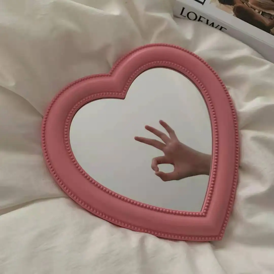 Ins Korean Love Heart Cosmetic Mirror Wall Hanging Dormitory Dressing Pink White Mirror Living Room Decorative Mirrors For Girls cosmetic mirrors
