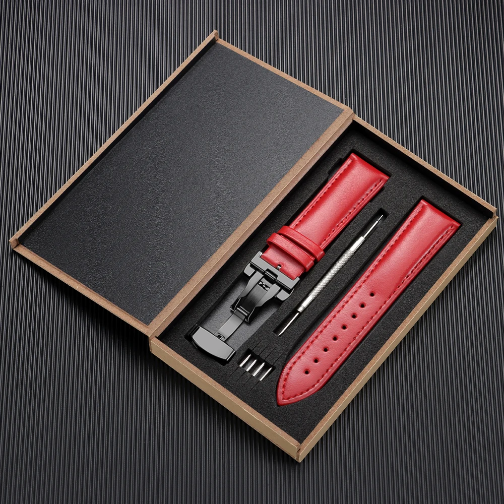 Elegant Genuine Leather Watchband with Butterfly Buckle and Wooden Gift Box