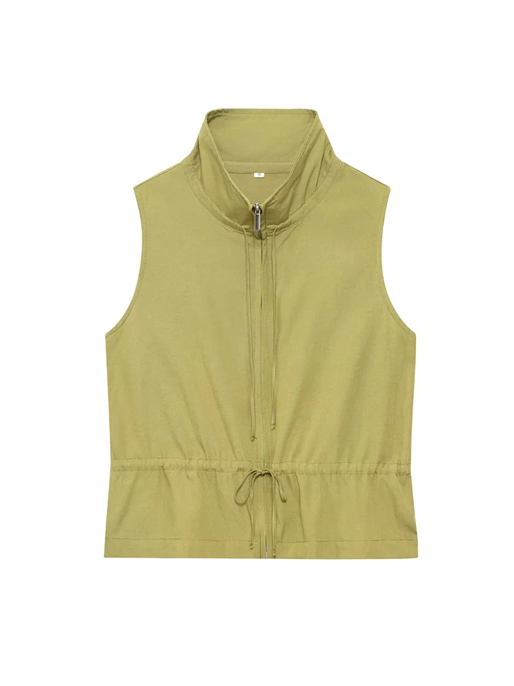 TFMLN  Women Casual Pant Suit Solid Turn-Down Collar Sleeveless Lace-Up Zipper Tank Top Elastic Waist Straight Pant Chic Outfits