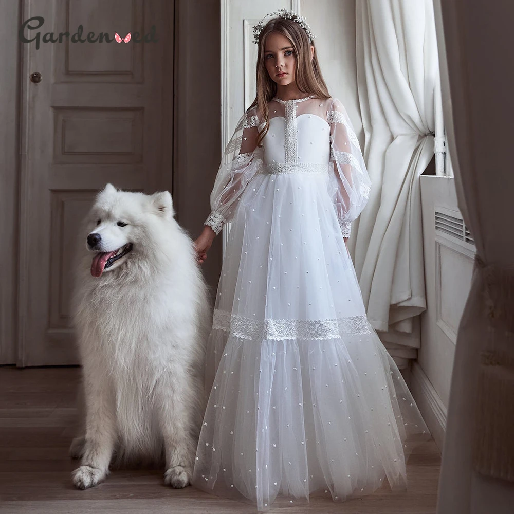 

Ivory Flower Girl Dresses O-Neck Baby Lace Puffy Dresses For Girl Kids Birthday Party Gown First Communion