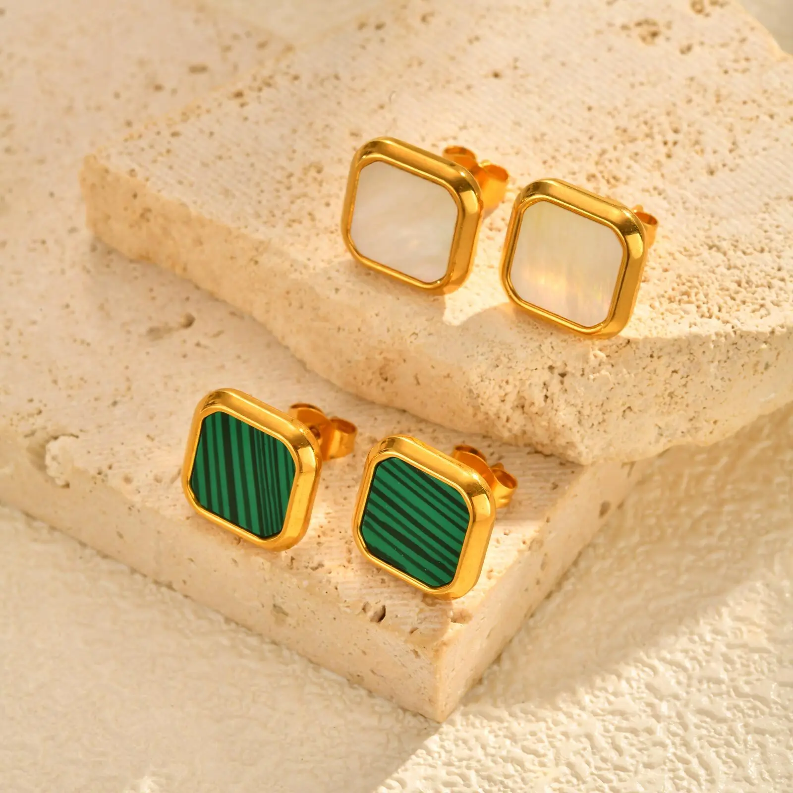 Natural Green Stone Stud Earring for Men Women,Waterproof Stainless Steel Square Metal Stud Earring,Trendy Jewelry Gift