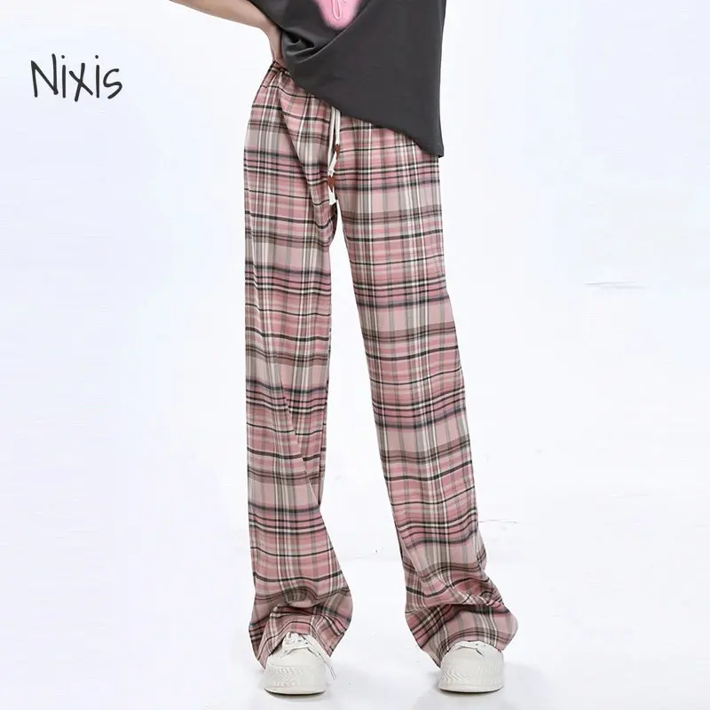 

Plaid Pants Women Pink High Waist Baggy Long Trousers Summer Vintage Harajuku Straight Wide-leg Pants Plus Size Clothing Female