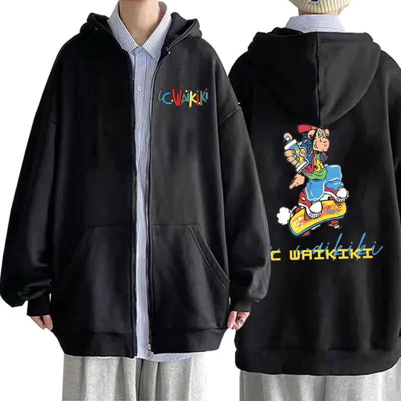 Funny Lc Waikiki Monkey Loves Doodling Graphic Zipper Hoodie Male Fashion Cartoon Zip Up Jacket Men Women Oversized Streetwear