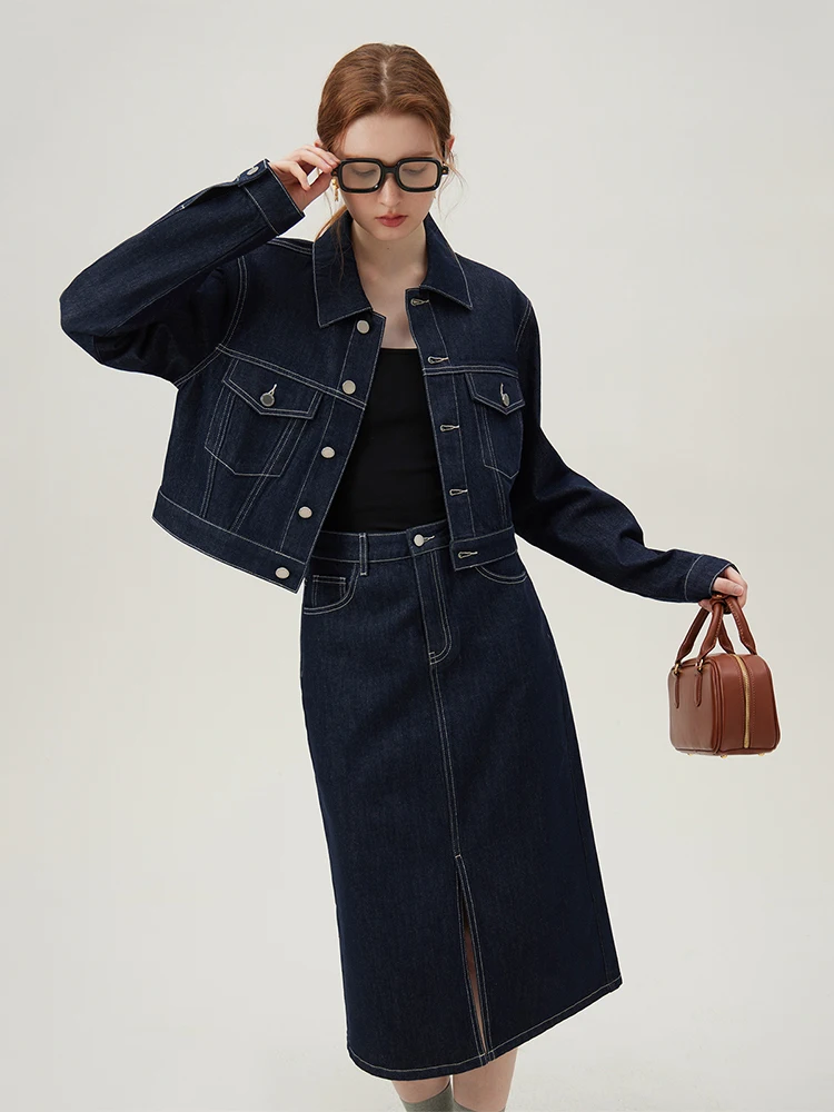 FSLE Retro Casual Denim Short Coat Skirt Suit for Women Spring High-street Style Straight Skirt  Loose Top Female Sets 24FS11302 american summer women custom outfits slim fit street aesthetic sexy 2 piece sets casual bodycon elegant office cycling pant new