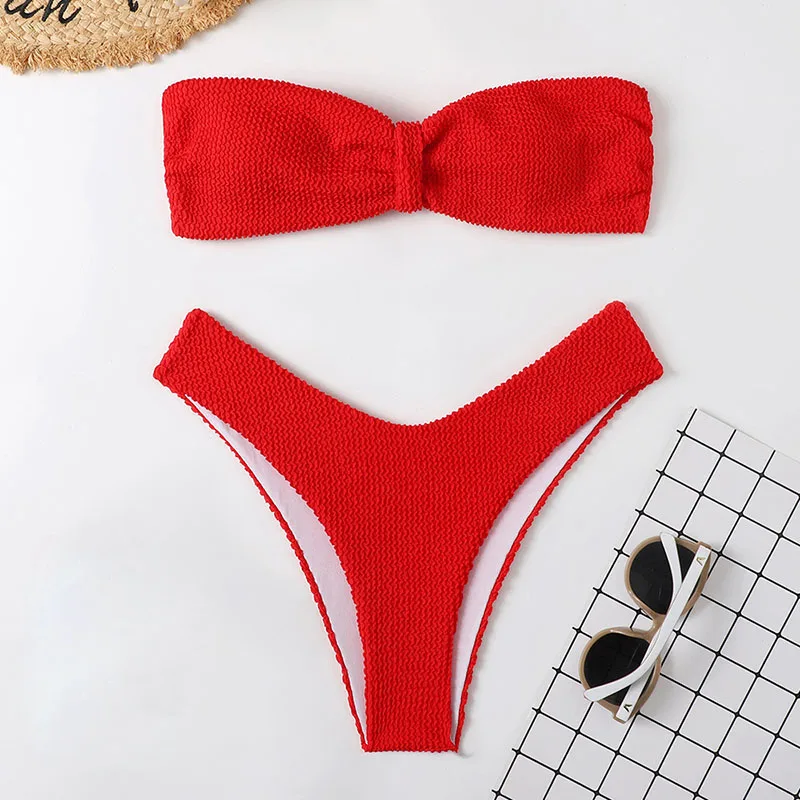 Swimsuits Women Candy Colors Sexy Swimwear Bather High Waist Push Up Bandeau Bikini Set Bathing Suits Beachwear Biquini Mujer strapless bikini set Bikini Sets