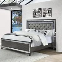Modern Glam Style Upholstered Headboard Button Tufting Glass Inlay 1pc King Size Panel LED Lights Bed Gray Faux Leather Finish S 1