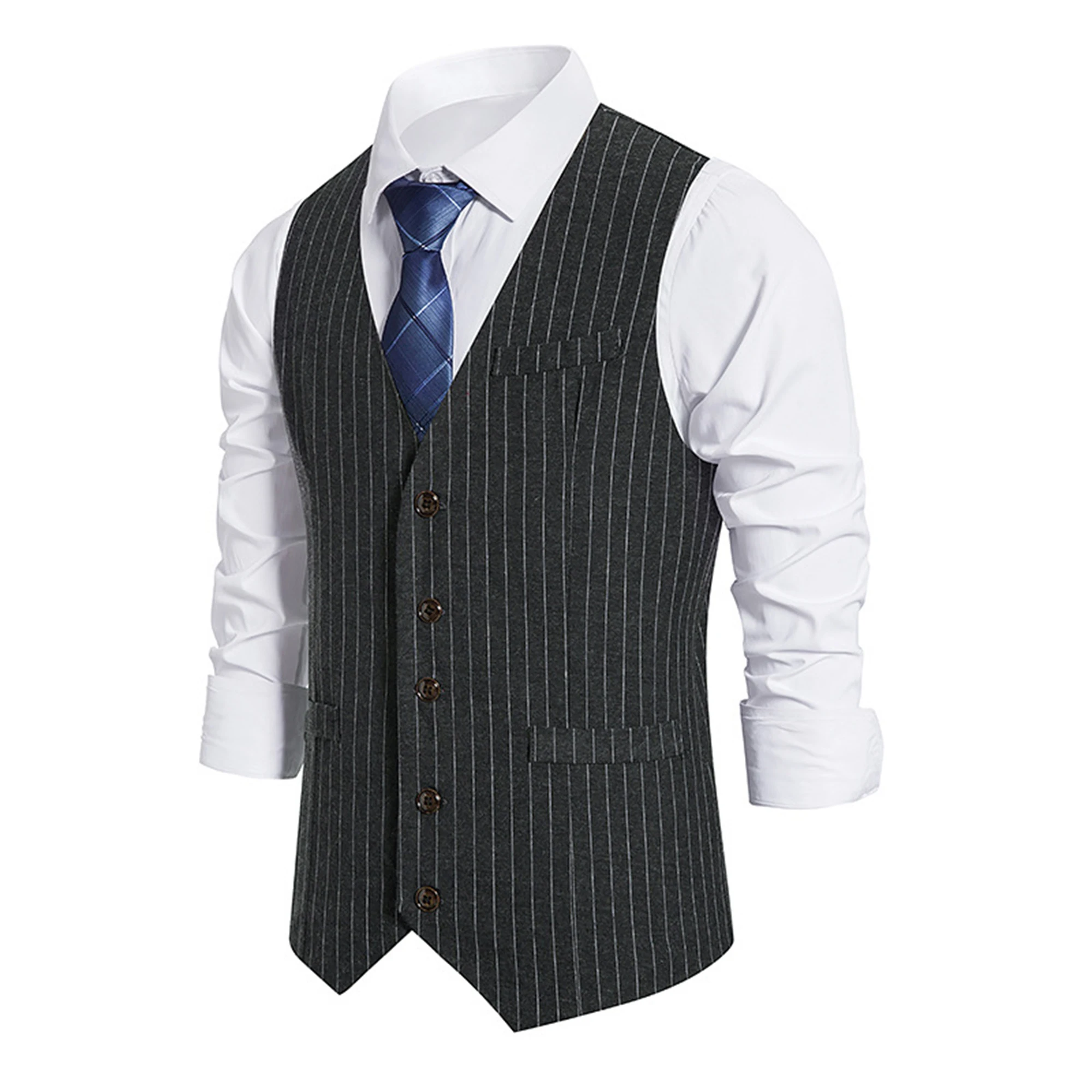 Fashion Black Grey Mens Casual Vest Stripe Solid Color Slim Large Size Business Office Waistcoat Groom Wedding Dress Suit Vests