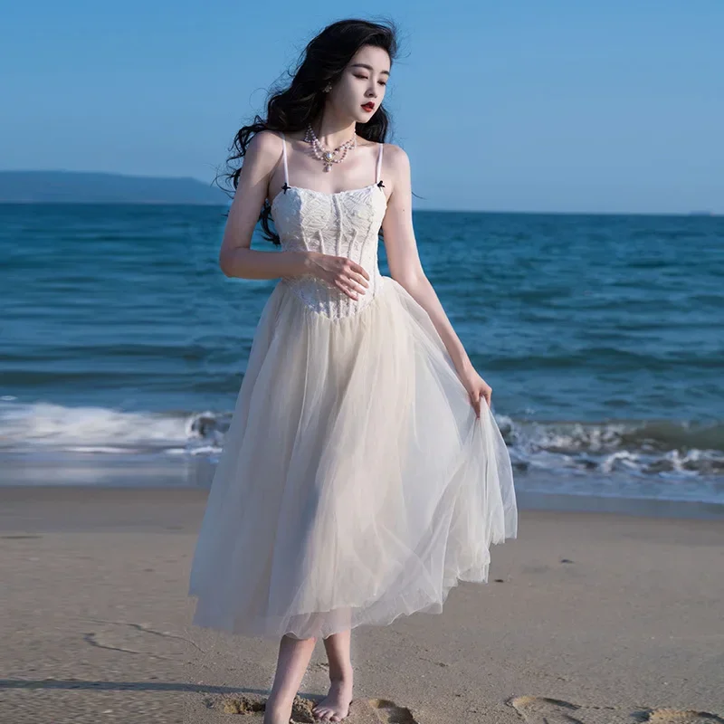 

Ballet Girl Dry Rose Lace Mesh Sling Dresses for Women Summer Sexy Fashion Spaghetti Dress Retro Style Party Night Vestido