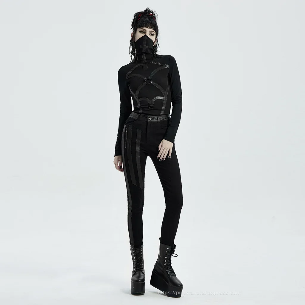 PUNK RAVE Women's Punk High Neck Church Architectural Structure T-shirt Tight Elastic Stage Performance Long Sleeve Black Tops