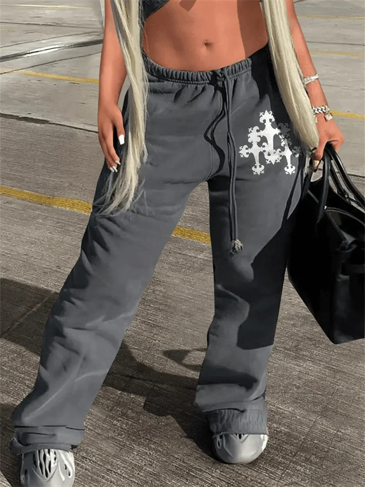 

2023 Fashion Women's High Waist Print Baggy Pants Streetwear Y2k Pants Ladies Parachute Sweatpants Gray Casual Trousers