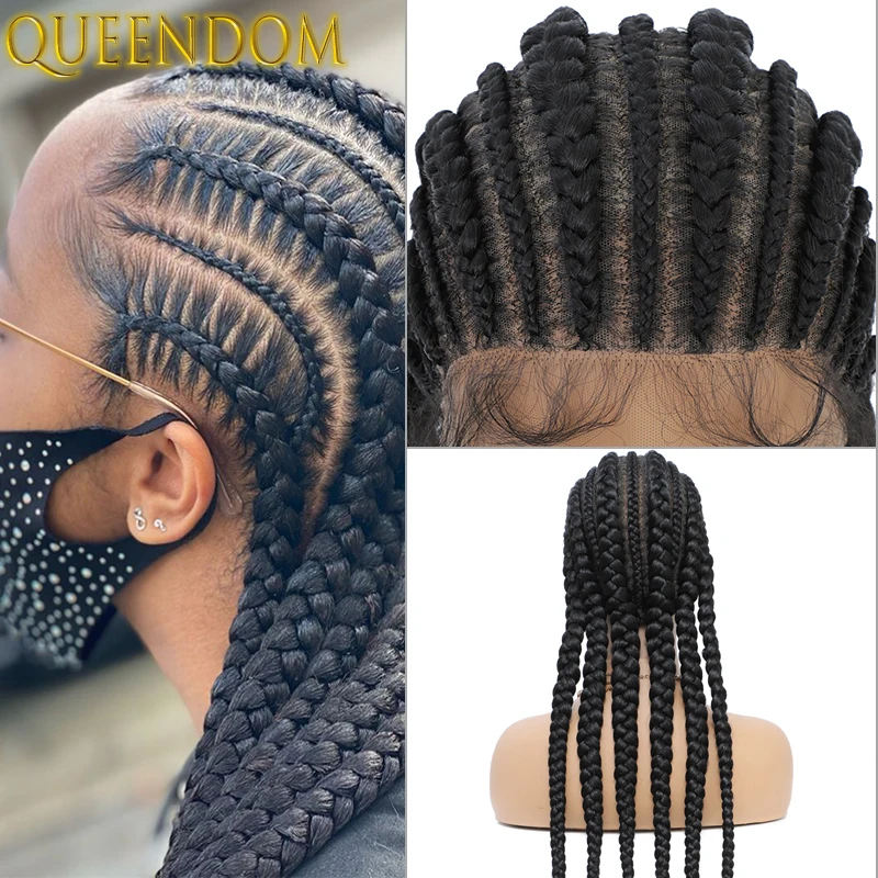 

Black Box Braided Full Lace Wig Cornrow Knotless Lace Frontal Braid Wigs with Jumbo Plaits Synthetic Lace Front Wig for Braiding