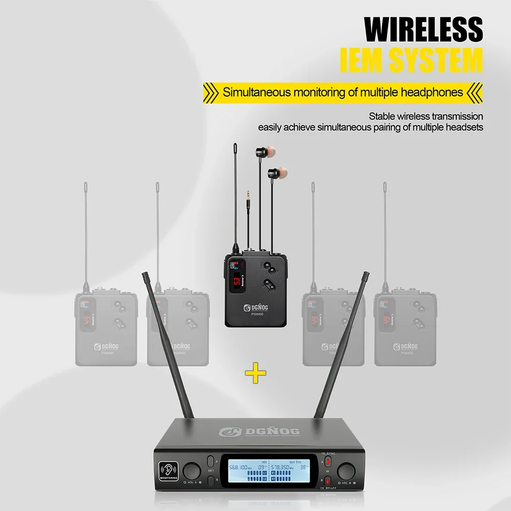 DGNOG PSM400 UHF Dual Wireless in Ear Monitor System Mono 2 Channel Professional IEM Monitoring for Stage Performance Studio