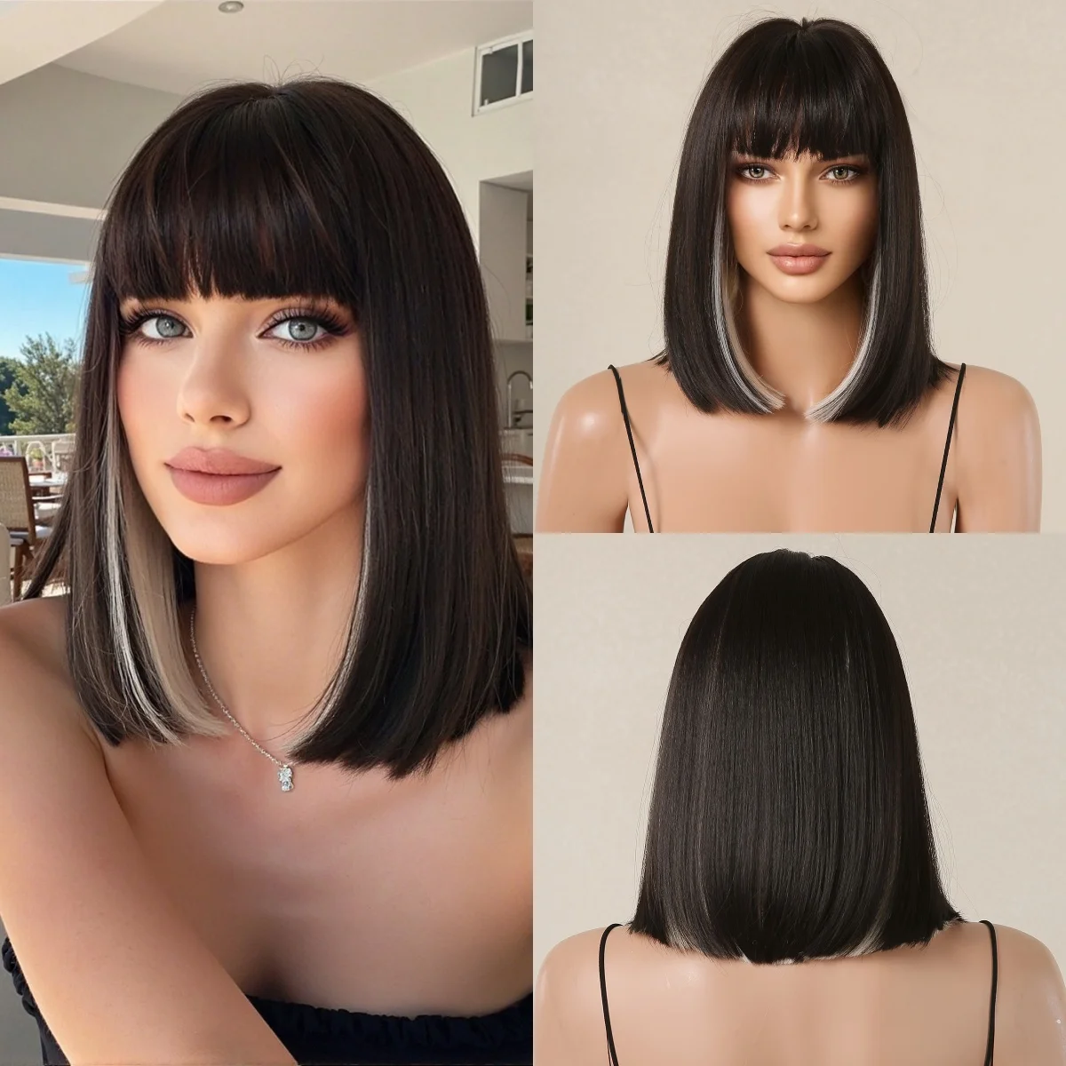 Synthetic Wavy Bob Wig with Bangs Shoulder Length Retro Chic Party Cosplay Black Wavy Bob Wig With Bangs | 12-inch Short Synthetic Hair  main image 3