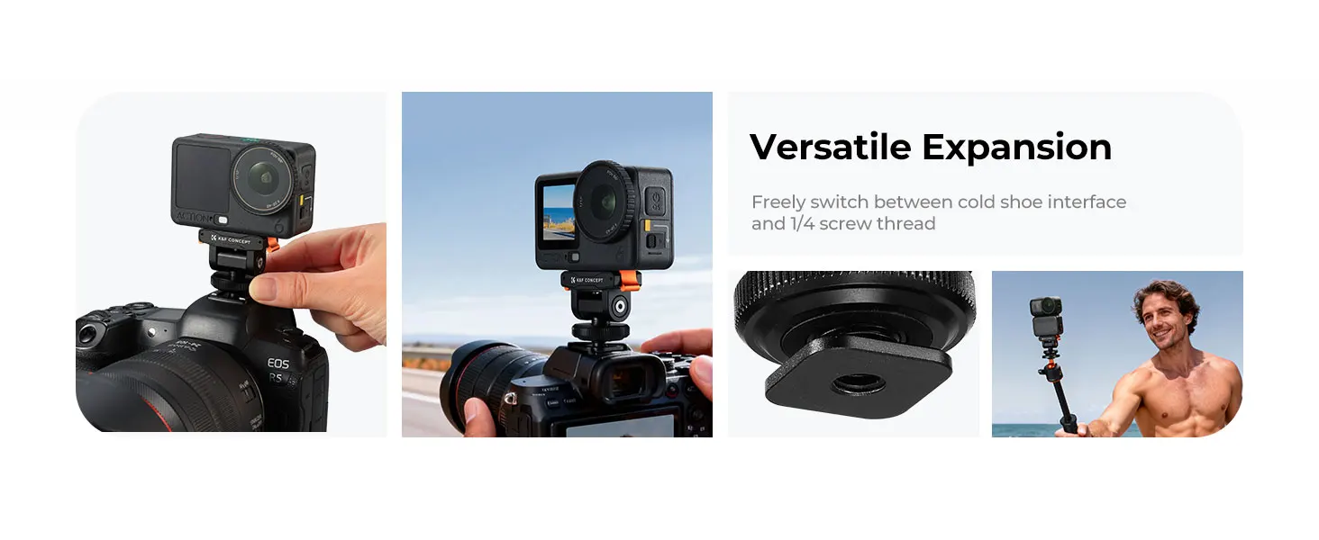 K&F CONCEPT Kaltschuh-Halterung für DJI Osmo Action 6 und Osmo Nano Magnetische Schnellwechselbasis Passt auf DSLR-Hotshoe mit 1/4"-Gewinde – Detail 6