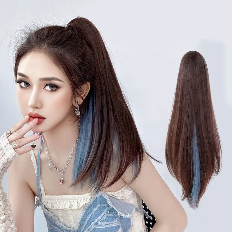 Pageup Long Straight Synthetic Ponytail Hair Extension Highlight blue Claw Clip On  Ponytail Extension Hair For Women Pony Tail