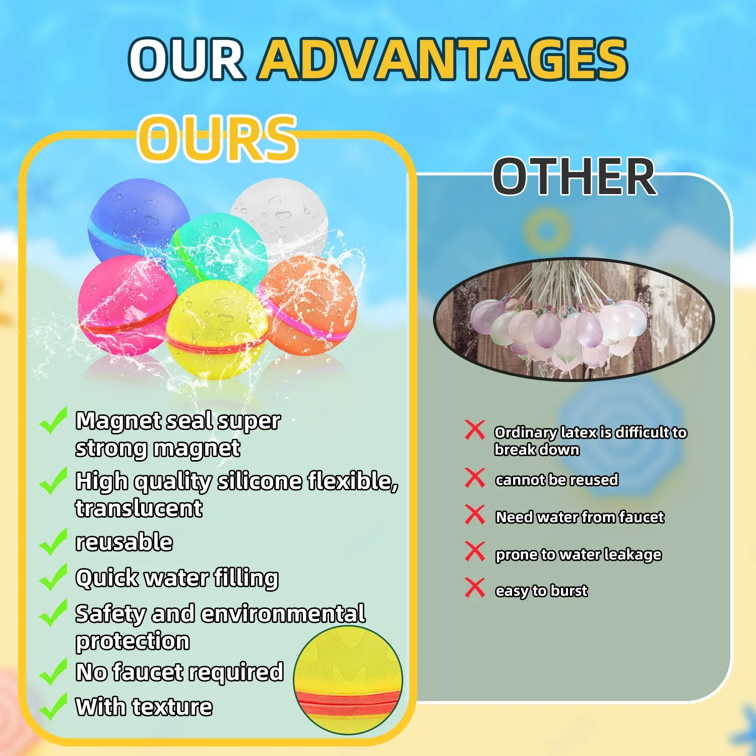 Water Balloons Reusable, Self Sealing & Quick Fill Water Balls Toys with Magnetic suction closure, Summer toys- Large size 6.5cm 4