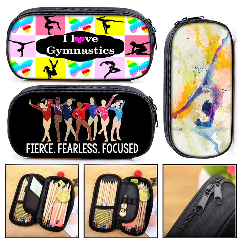 Cute Gymnastics Art Print Cosmetic Case Pencil Box Girls Stationary Bags Schoolbags Canvas Pencil Bags Kids School Supplies Gift canvas rolling pencil case supplies bag trendy large storage box bags pu big for girls drawing painting