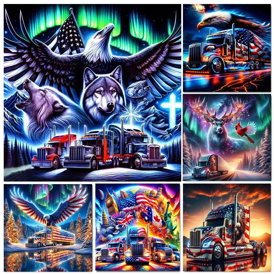 5D DIY Truck Colorful Flag Diamond Painting Set Wolf Eagle Embroidered Full Square Round Diamond Mosaic Landscape Home Decor