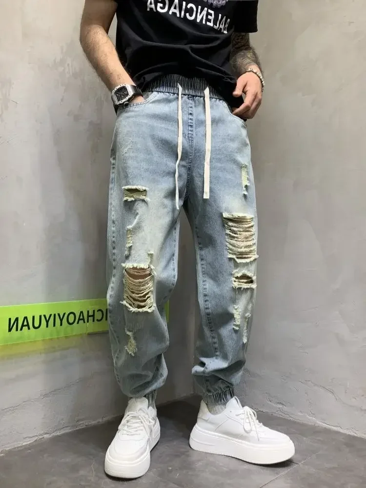 

Man Cowboy Pants Broken Torn Men's Jeans Harem Trousers Light Blue Ripped Hip Hop with Holes Stacked 2024 Korean Autumn Retro Xs