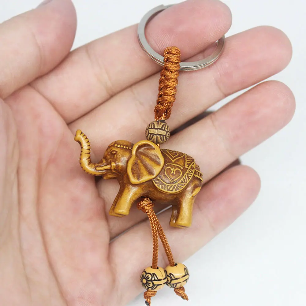 Elephant Keychain Peach Wood Carving Riches Lucky Animal Key Chain Pendant Women Bags Pom Pom Charm Home Key Rings  1-3pcs