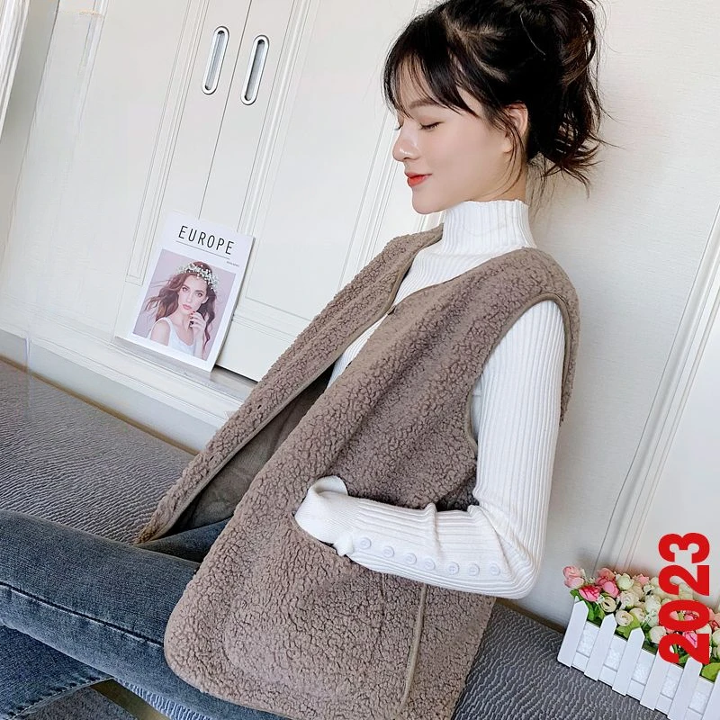 

Осенний флисовый женский жилет на пуговицах, теплый плотный Флисовый жакет без рукавов из овечьей шерсти, свободный однотонный модный жилет с карманами