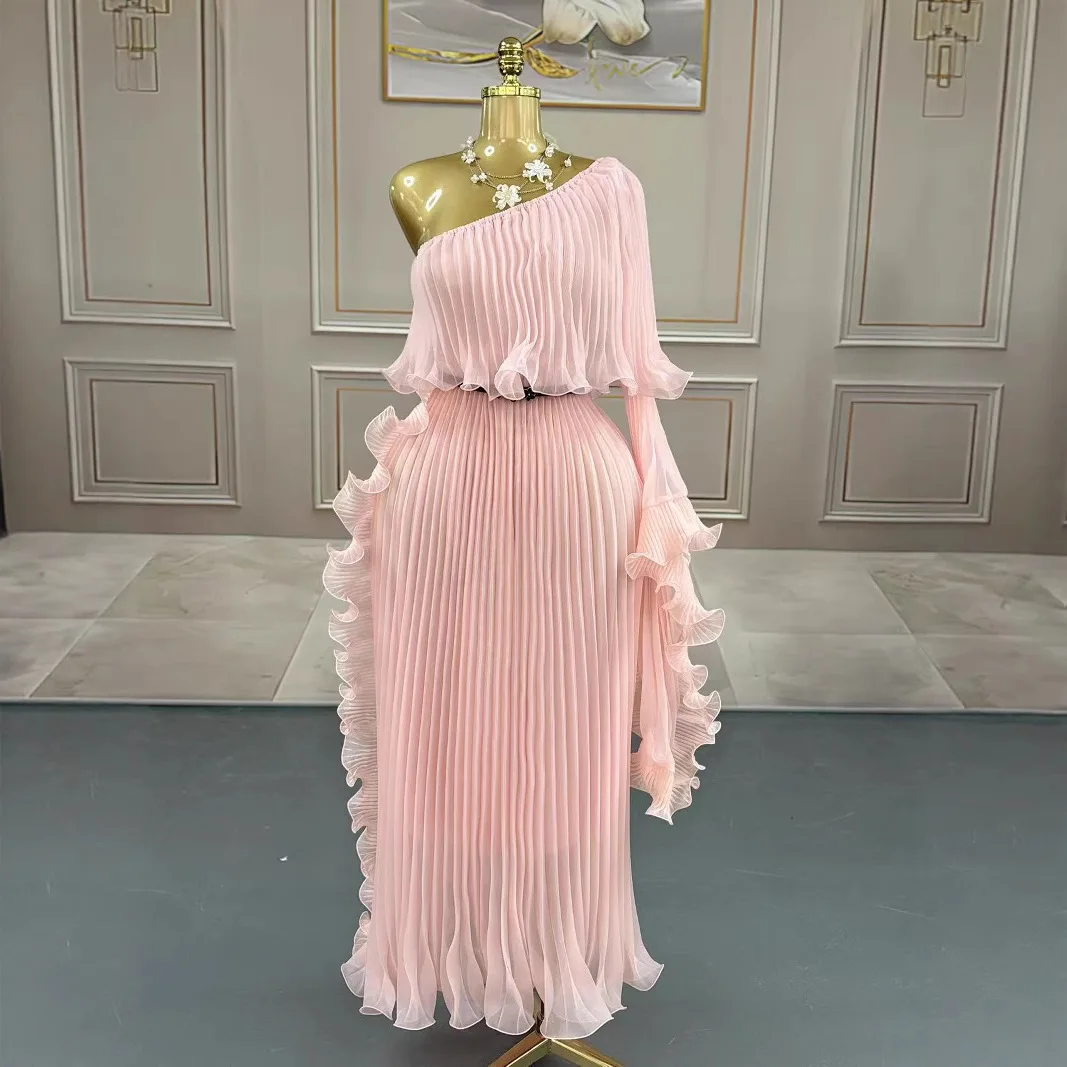 2025 Miyake Fashion Design Dress Slanted Shoulder Solid Color Loose Women's Clothing Medium Length Elegant Dresses  Summer New