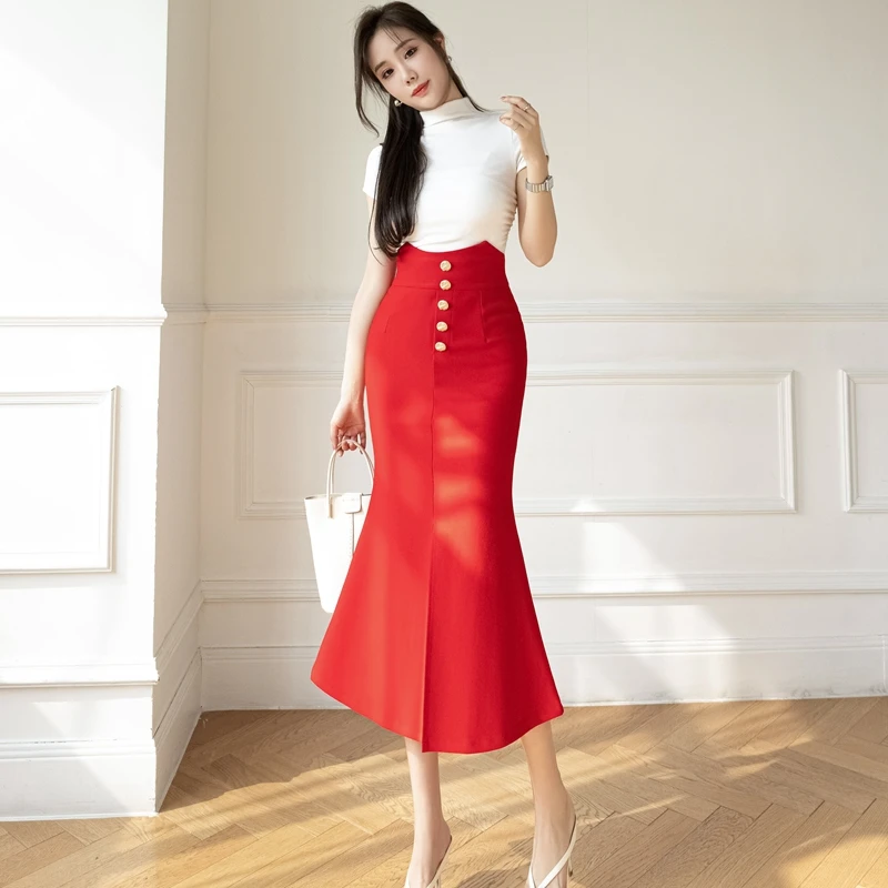 Elegant Mid Length Skirts Women Korean Fashion Clothes High Waist Streetwear Faldas Largas Sexy Office Ladies Flared Skirt Black
