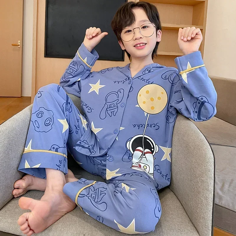 جديد 2025 الربيع الصيف الفتيان الكرتون طباعة منامة ملابس المنزل الاطفال عادية كم طويل التلبيب منامة في سن المراهقة ملابس خاصة مجموعة ملابس