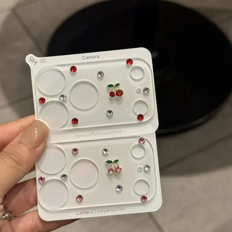 Ins Korean Cute Glitter 3D Rhinestone Colorful Cherry Lens Film for iPhone 17Pro 17 Pro Max Full Cover Glass Camera Protector 6