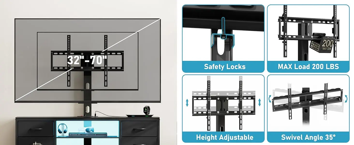 This tv stand is suitable for TV size up to 70 inch, can hold up to 200 lbs, height adjustable