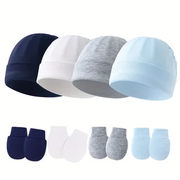 4 set di guanti per neonati carini per neonati, guanti per neonati senza graffi, guanti per cappelli per bambina per neonati, neonati, neonati