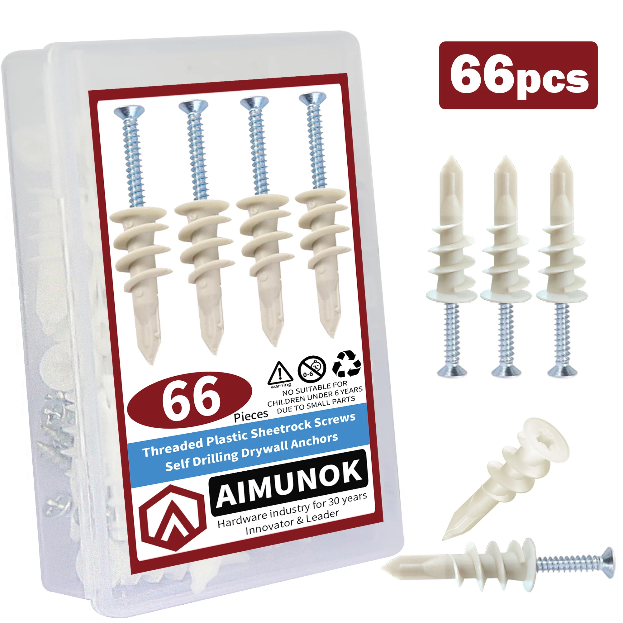 66pcs Threaded Plastic Sheetrock Screws Self Drilling  Drywall Anchors  Safe and Convenient Installation Firm and Reliable