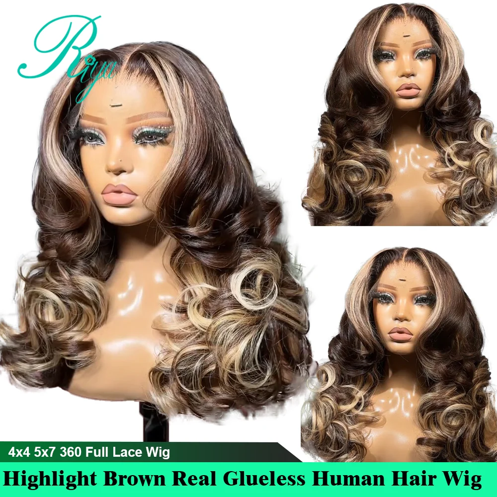 Loose Wave Highlight Chocolate Brown 5x7 Pre-cut Lace Wig Brazilian Human Hair Wig Real Glueless Remy 360 Full Lace Wigs