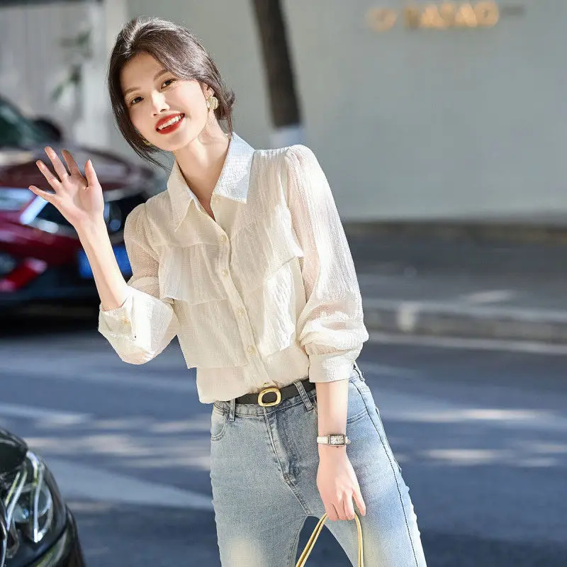 Elegant Fashion Harajuku Slim Fit Female Clothes Loose Casual Sport All Match Shirt Solid Button Lapel Collar Long Sleeve Blusa