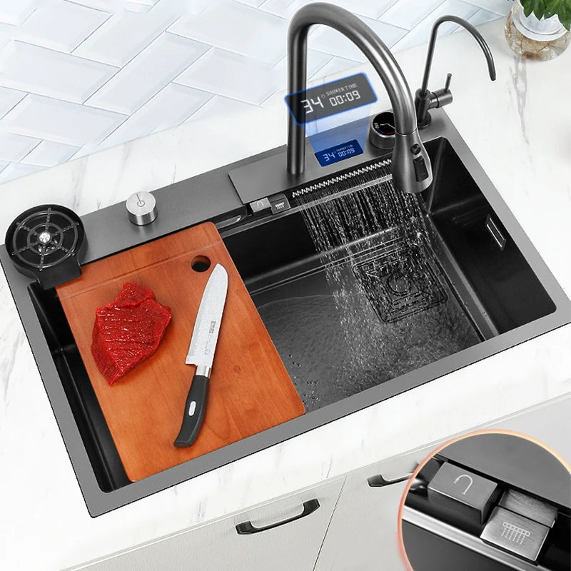 Kitchen Sink Stainless Steel Topmount Water Tank Large Single Slot Wash Basin With Multifunction Touch Waterfall Faucet waterfall kitchen sink stainless steel large single slot wash basin with multifunction waterfall faucet kitchen accessorie