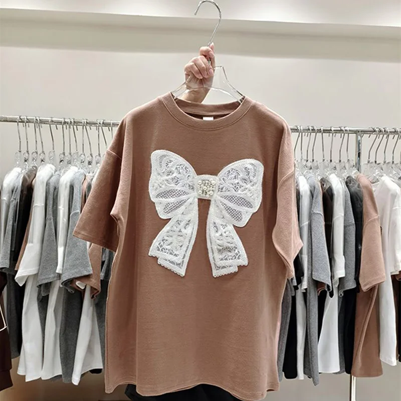 

Кроп-топ Y2k с кружевной отделкой, Милая футболка с бантом, лето 2023, повседневные футболки в стиле Харадзюку с коротким рукавом, женские ретро корейские топы, искусственная кожа