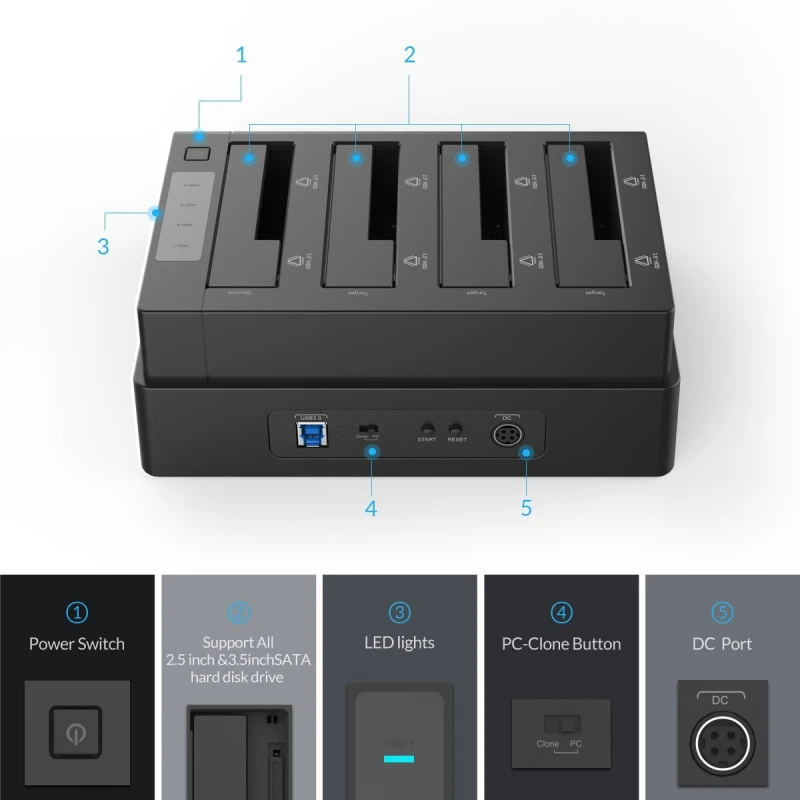 Orico Bay Hard Drive Docking Station com Clone Offline Sata para Usb 3.0 Hdd Docking Station para 2.5 3.5 Polegadas Hdd Ssd - Imagem 6