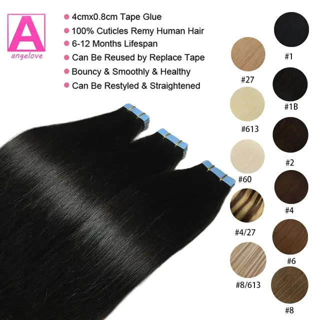 Straight Tape In Human Hair Extensions Natural Hair Extensions 1B 100% Remy Skin Weft Adhesive Glue On For Salon High Quality