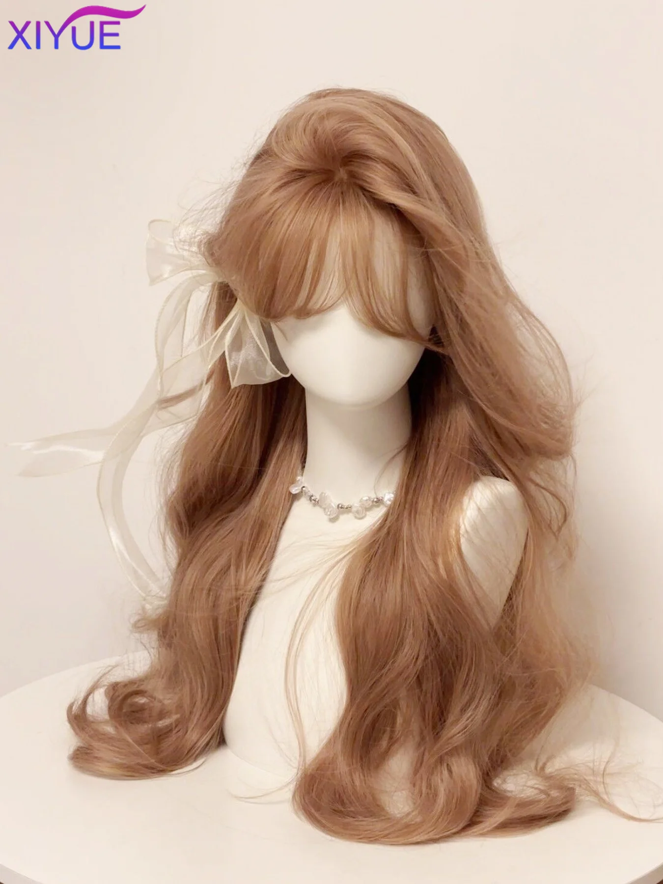 XIYUE Cosplay Wig With Bangs Synthetic Straight Hair 24 Inch Long Heat-Resistant Milk tea brown Pink Wig For Women