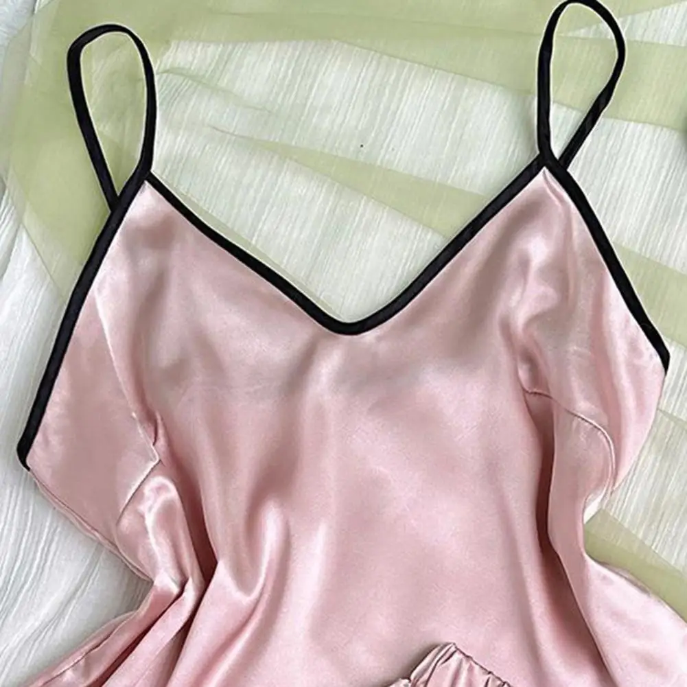 2 Pcs/Set Women Pajamas Set Satin Spaghetti Strap Sleeveless Backless V Neck Top Elastic Waist Ruffle Pleated Bow Decor Shorts women pajamas set women pajama suit