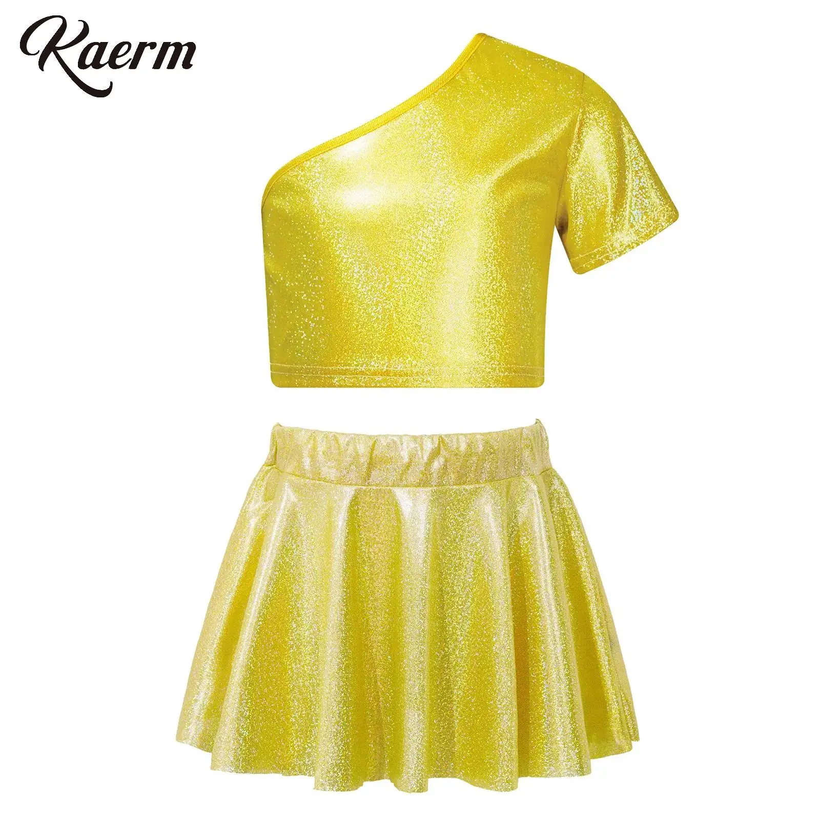 

Kaerm Kids Girls Performance Costumes Jazz Dance Outfit Cheerleading One Shoulder Short Sleeve Metallic Crop Top with Mini Skirt