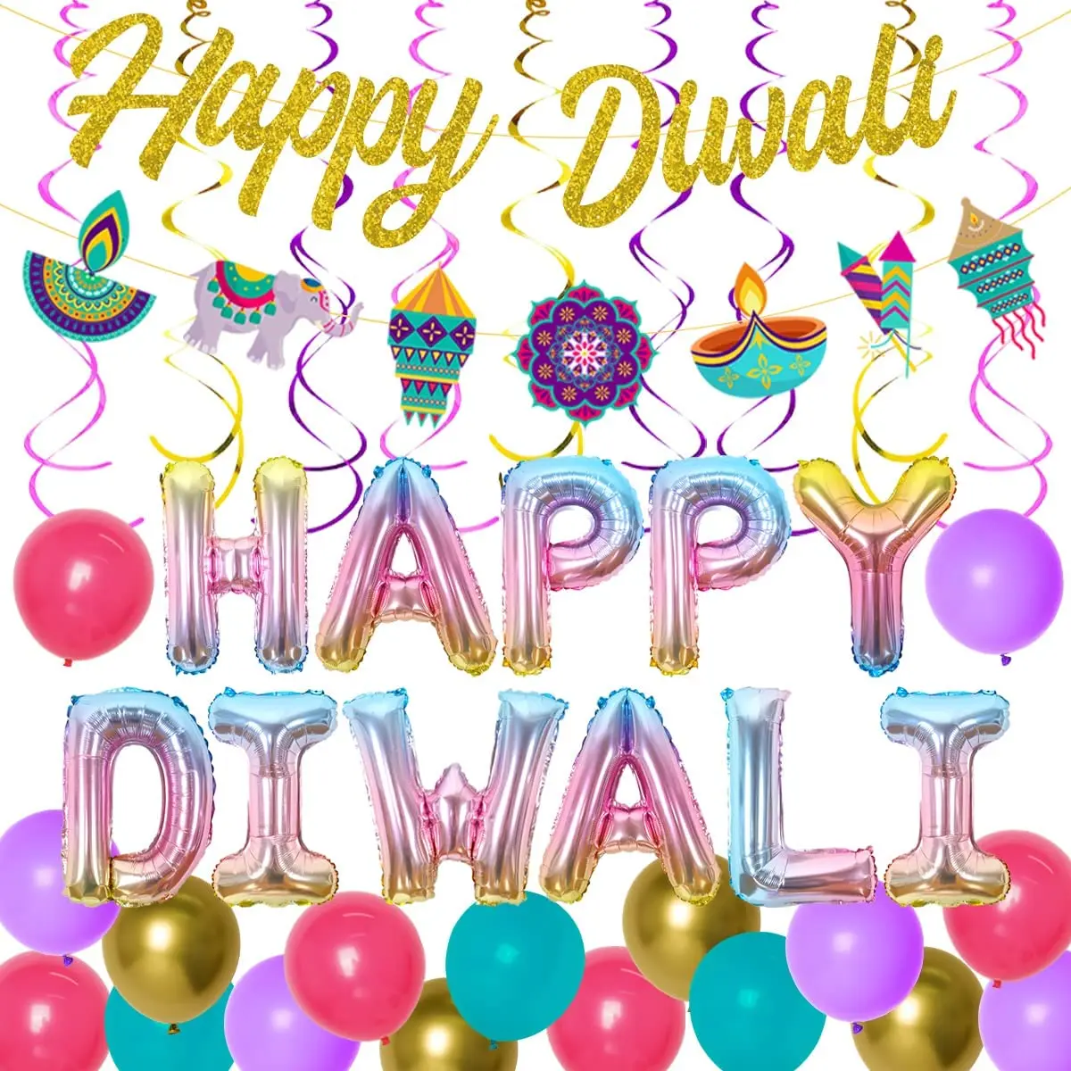 

Happy Diwali Decorations Gold Glitter Happy Diwali Banner Garland Hanging Swirls Happy Diwali Balloons Deepavali Party Decor