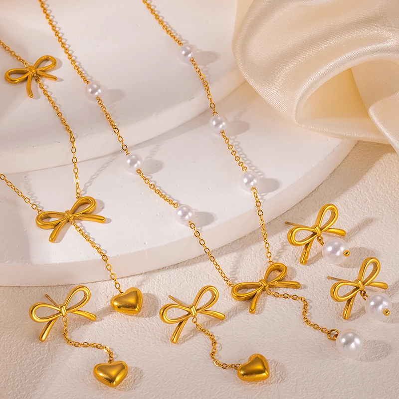 ANENJERY 316L Stainless Steel Smooth Bowknot Heart Tassel Necklace Earring For Women Delicate French Jewelry Set Gifts