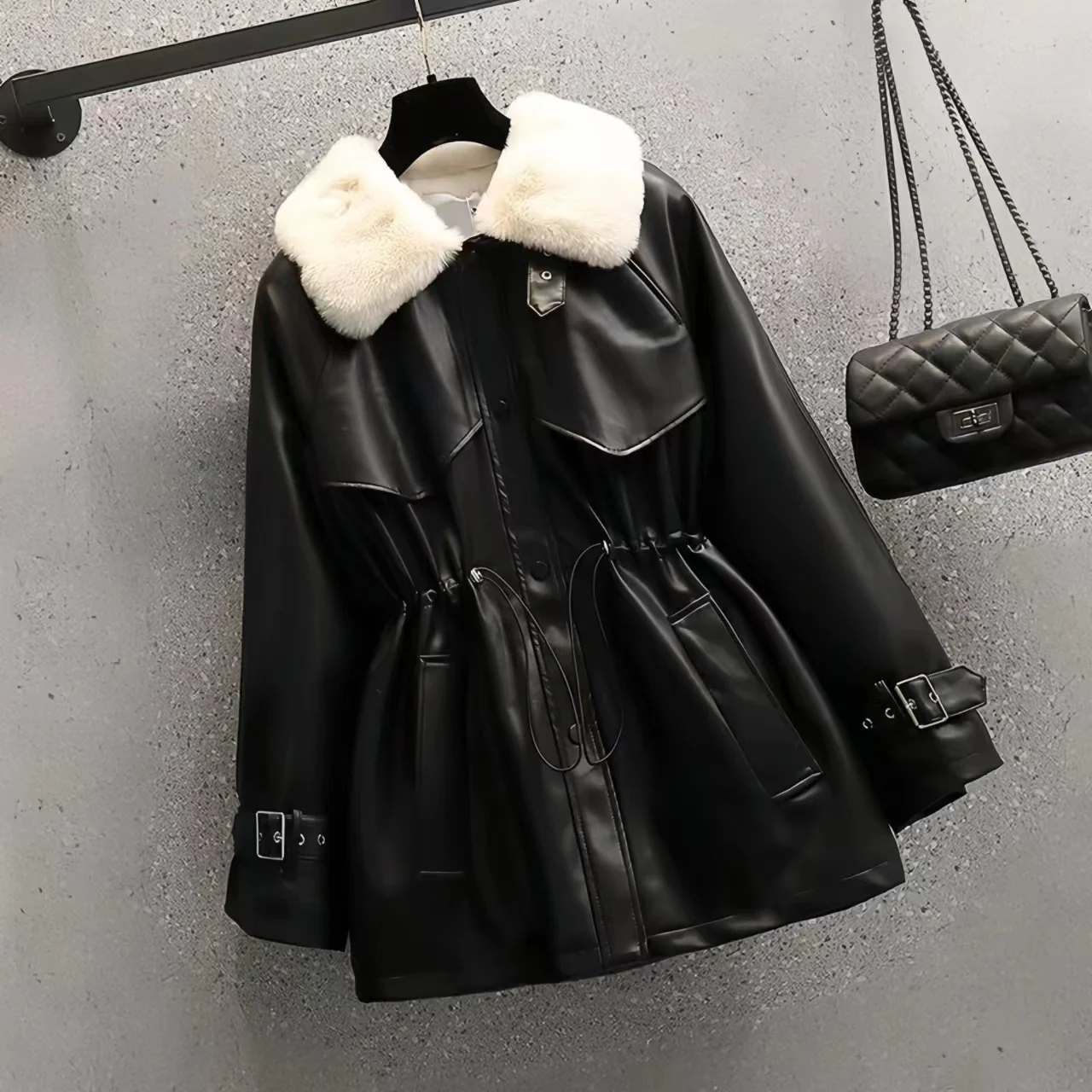 Leather Coats with Fur Collar for Women, Adjustable Waist Overcoat, Female Clothing, Long Lamb Fur Jacket, New, Autumn Winter